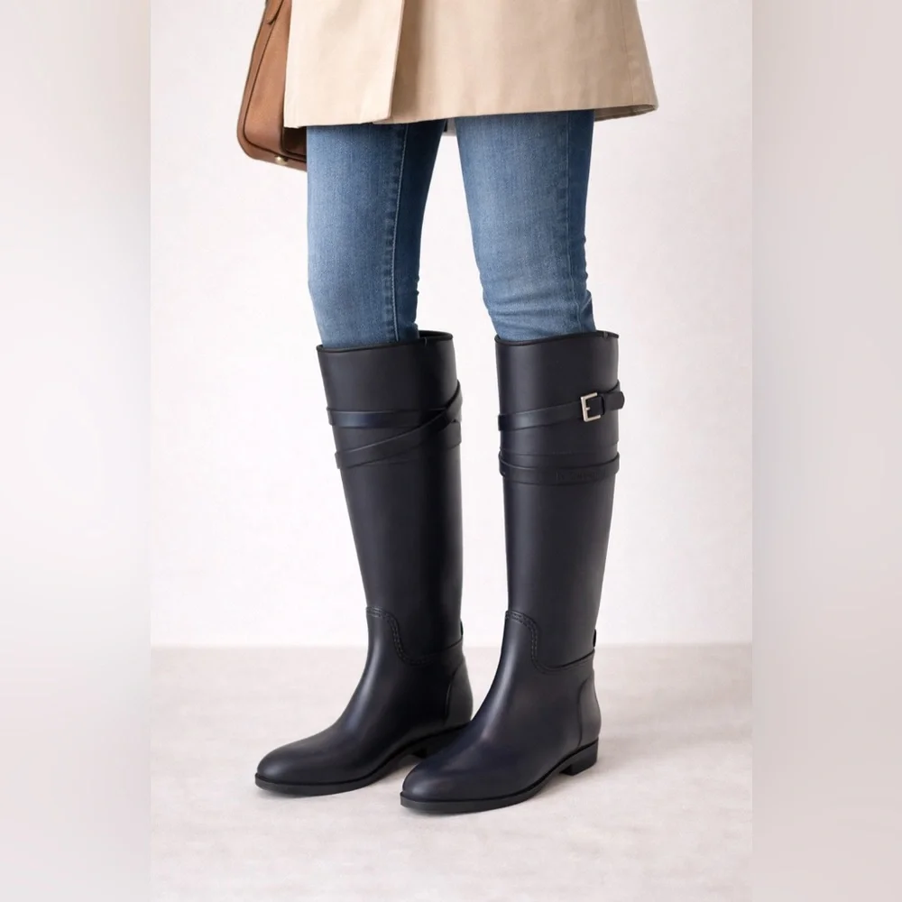 LK Bennett London Tall Riding Rain Boots Navy Equestrian Wellies Sz 6